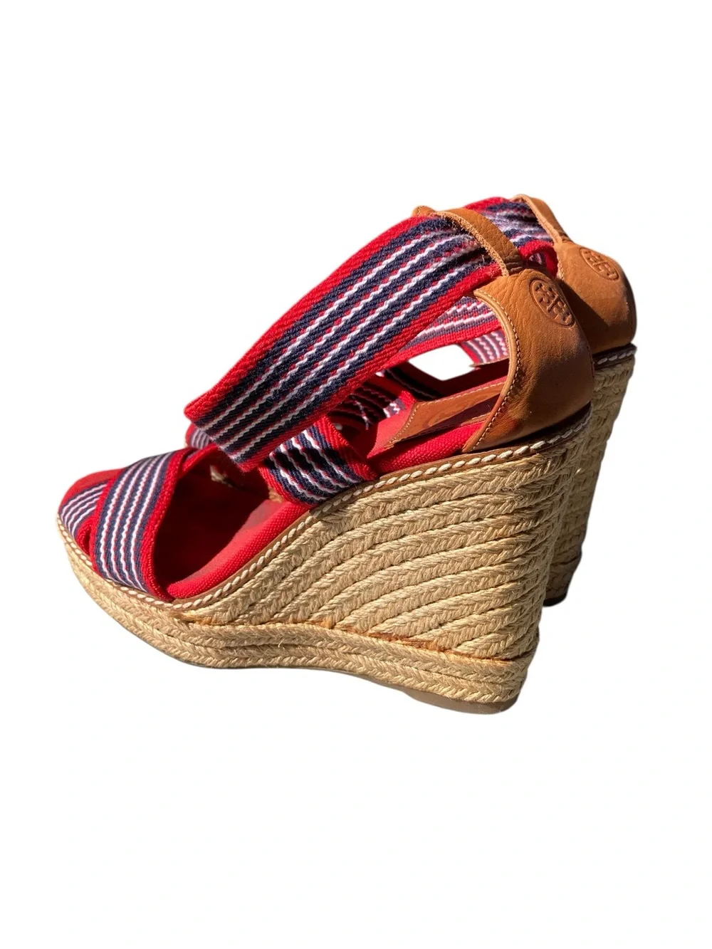 Tory Burch Red Navy Striped Espadrille Wedge Sandals Size 8 Canvas